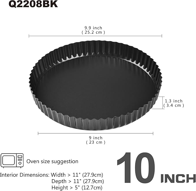 Bakeley 10-Inch Round Tart Pan with Loose Removable Bottom, Non-Stick Carbon Steel Quiche Pan for Oven Baking (Black)