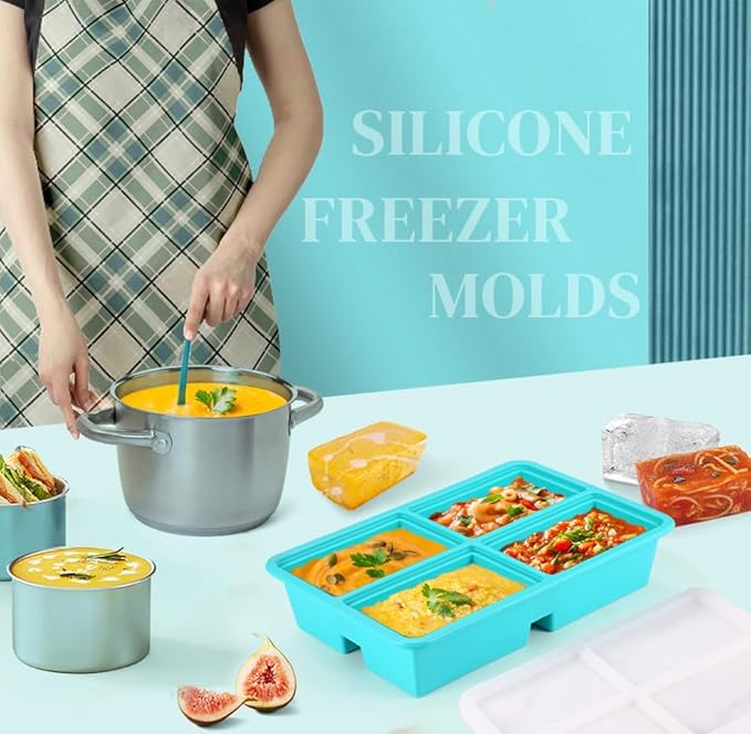 BIONMAPLE Silicone Freezer Trays With Lid - Silicone Soup Freezer Molds, Soup Freezer Containers For Freezing & Storing Soup, Sauce, Broth, and Leftovers - 1 cup silicone freezer molds - 2 Pack