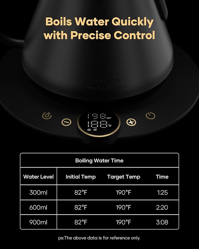 Cocinare Gooseneck Electric Kettle, ±1°F Precise Temperature Control, 1500W Fast Heating, Pour Over Coffee & Tea Kettle with Brew Timer & Keep Warm, Stainless Steel, 0.9L (Matte Black)
