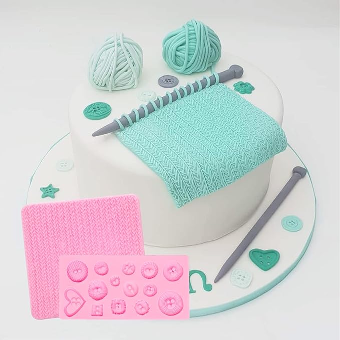 Fondant Impression Mats Molds, Knitting with Button Silicone Chocolate Molds (5 Packs), Sweater Design Knit Impress Texture Stamp Mat for Baby Shower, Birthday Cake Decorating Cupcakes Topper