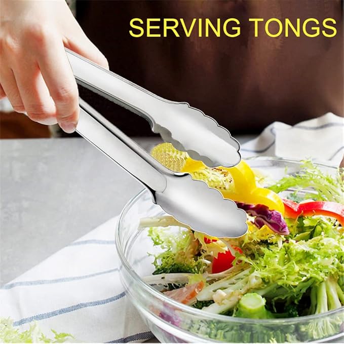 IAXSEE 2 Pack Serving Tongs Serving Utensils Salad Tongs Metal Buffet Tongs Non-slip & Easy Grip Stainless Steel Plated Buffet Serving Tongs, Salad, Ice, Oven (9.5 Inch) (Silver)