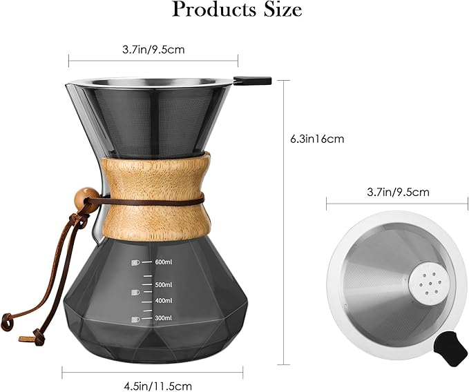 Lalord Pour Over Coffee Maker, 600ml/20oz Borosilicate Glass Carafe, Stainless Steel Filter, Wooden Collar, 3-4 Cups Serving, Gray