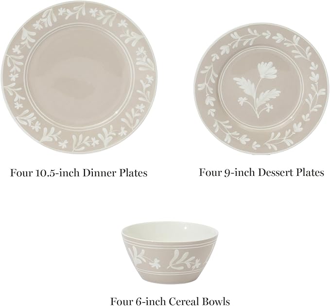 Martha Stewart Dinnerware Set - Maiden Crown 12-Piece Dish Set, Taupe – New Bone China Ceramic Plates & Bowls – Floral Design – Service for 4 – Microwave & Dishwasher Safe