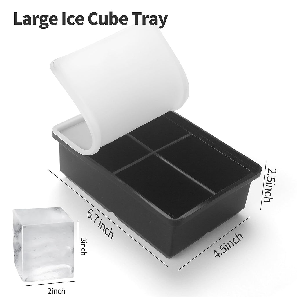 Large Ice Cube Trays for Whiskey: BECOKIT Big Silicone Ice Cube Trays - 3 * 2Inch Square Ice Cubed Tray for Bourbon Whisky and Cocktail - 4Pack Giant Silicon Ice Cube Tray (Black 4 Tray)