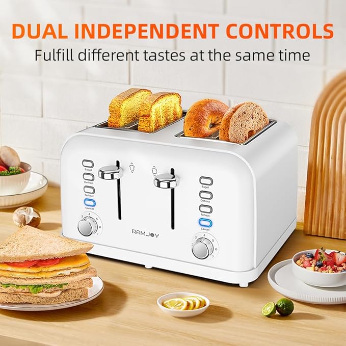 RAMJOY White Toaster 4 Slice, Dual Independent Controls, Extra Wide Slot Toasters for Bagel, Bread, Waffles, 7 Shade Settings, 4 Main Functions, Removable Crumb Tray, 1500 Watts, White Stainless Steel