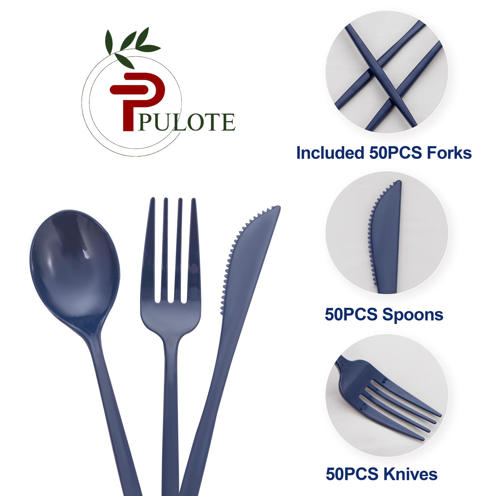 PULOTE 150PCS Blue Plastic Silverware Set - Plastic Cutlery Disposable - Heavy Duty Blue Plastic Utensils Include 50 Forks, 50 Knives,50 Spoons for Party&Graduation