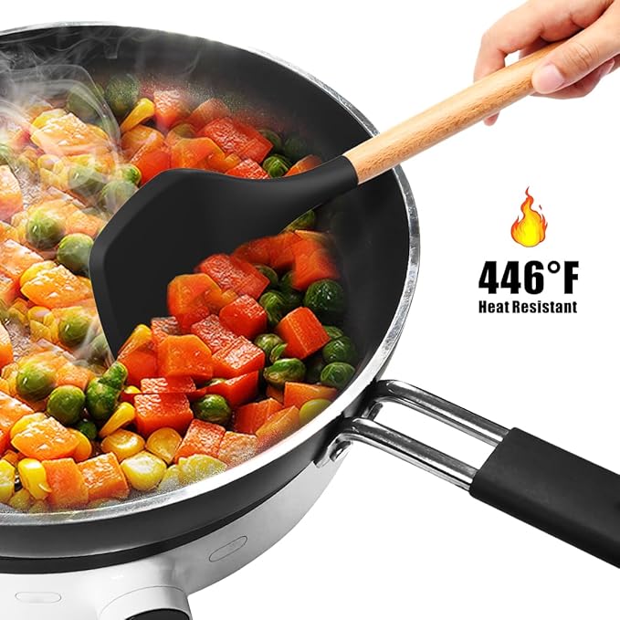 oannao Silicone Cooking Utensils Set - 446°F Heat Resistant Silicone Kitchen Utensils for Cooking,Kitchen Utensil Spatula Set w Wooden Handles, BPA FREE Gadgets for Non-Stick Cookware (Black)