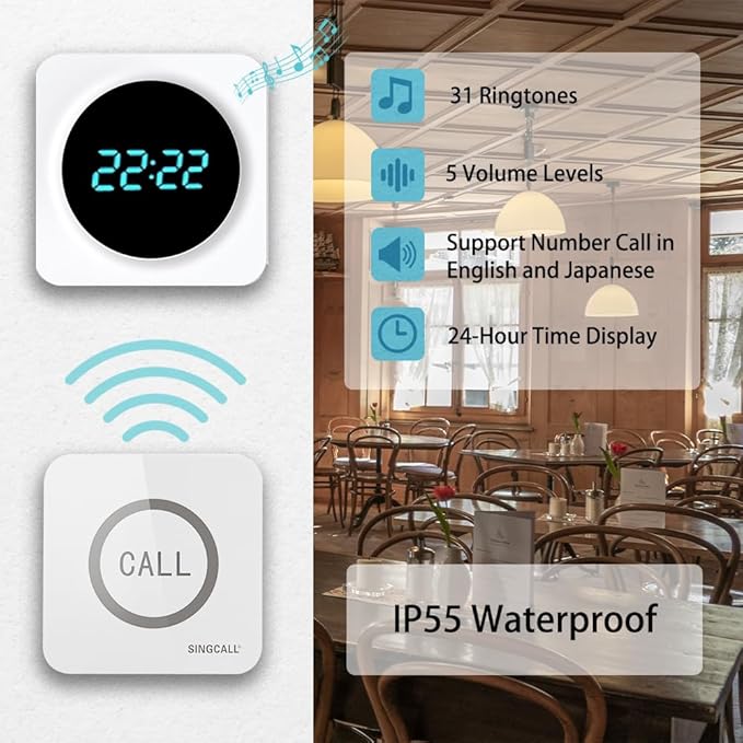 SINGCALL Restaurant Pager System, 2 Waterproof Wireless Call Buttons