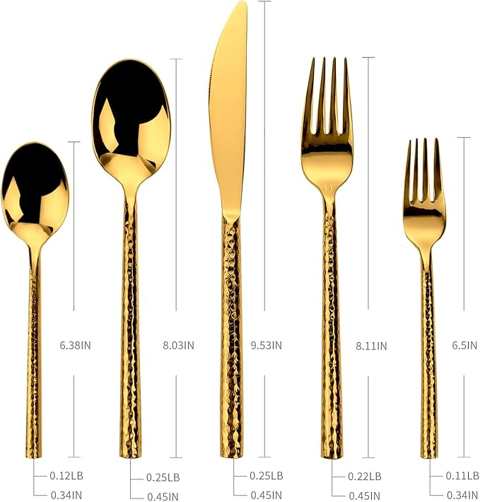 Kelenfer Gold Flatware Set Round Hammered Handle 20 Pieces Service for 4