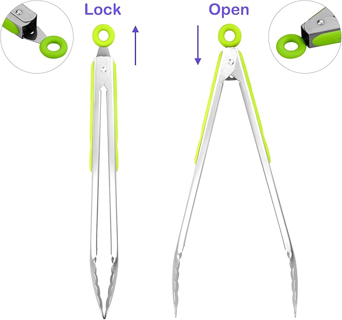 304 Stainless Steel Kitchen Cooking Tongs, 12 & 14 Inch, Set of 2, Green