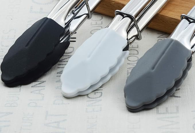 HINMAY 7-Inch Mini Tongs with Silicone Tips, Set of 3 (Black White Gray)