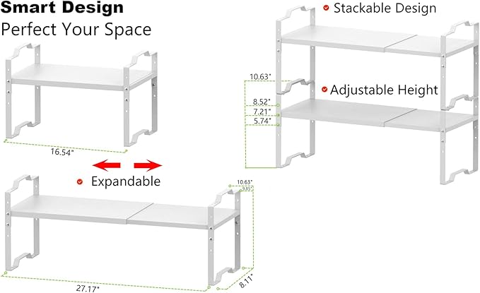 Jojocross Expandable Shelf for Cabinet Organizer Adjustable Stackable Spice Rack at Kitchen and Bathroom More, Counter Countertop Cupboard Organization Pantry Storage(MEDIUM/2PACKS/WHITE)