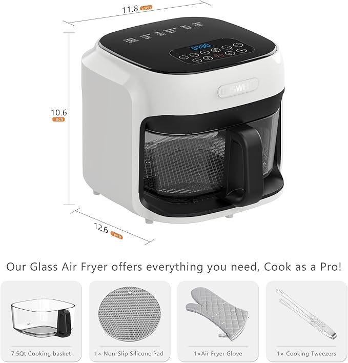 BOSWELL 7.5 QT Large Glass Air Fryer, 6-1 Preset Cook Modes