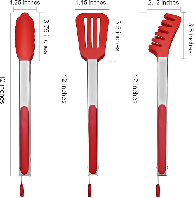 HST Non Stick Silicone Kitchen Tongs, 3 Pack 12 Inch Red BBQ Cooking Baking