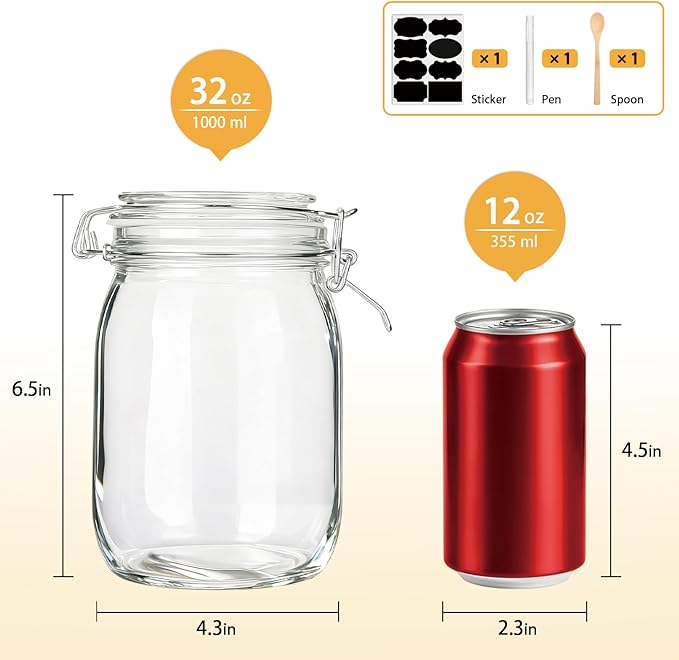 Flrolove 32oz Set of 4 Glass Kitchen Storage Canister Mason Jars with Lids