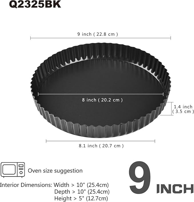 Bakeley 9-Inch Round Tart Pan with Loose Removable Bottom, Non-Stick Carbon Steel Quiche Pan for Oven Baking (Black)