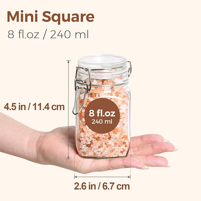 ComSaf Square Small 8 oz Glass Spice Jars with Airtight Lids 12 Pack Pantry