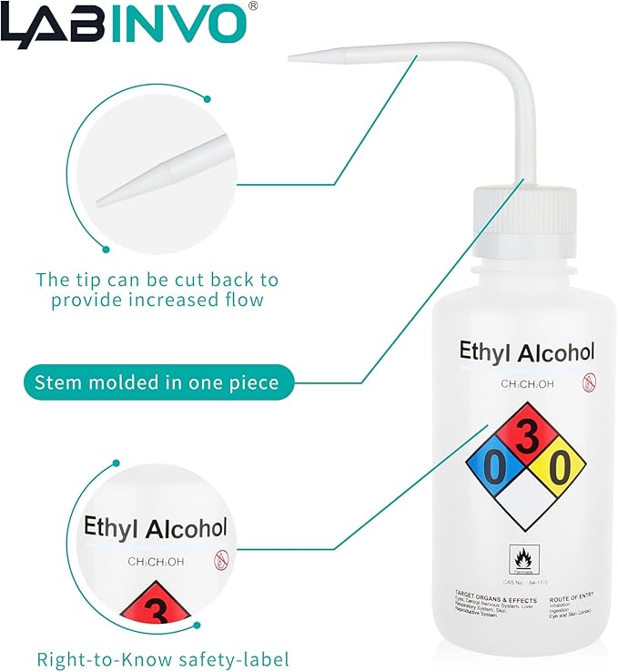 LABINVO Ethyl Alcohol Wash Bottles, 1PC of Vol.500ml (17oz), Narrow Mouth, Self-Venting Safety Wash Bottles, LDPE Material,IN-WBE501