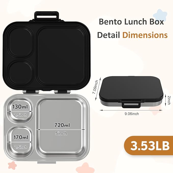 Howeemo Stainless Steel Bento Box Kids, Leak Proof Metal Bento Lunch Box,3 Compartments 304 Stainless Steel Bento Lunch Containers for School and Office, BPA-Free(Black)