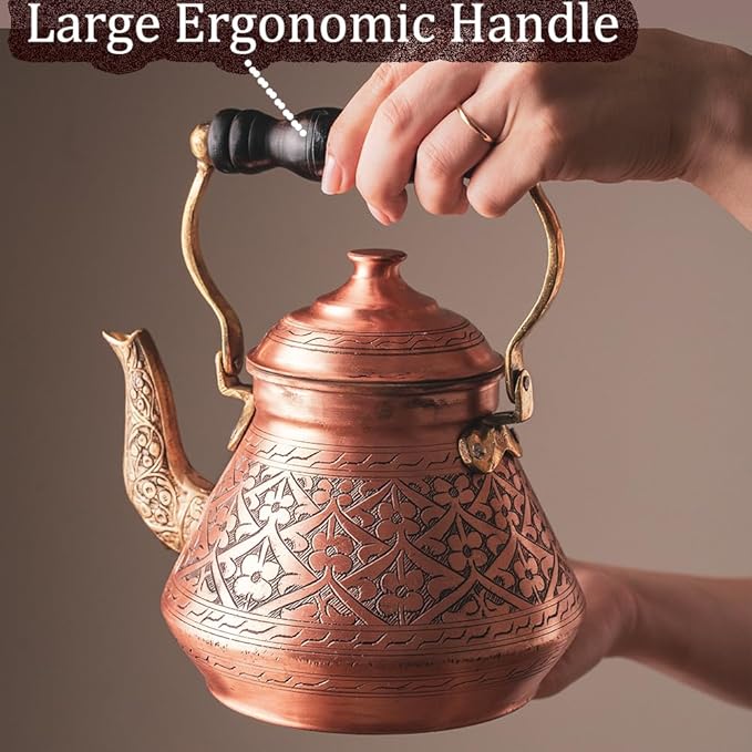 Vintage 100% Solid Pure Copper Turkish TeaPot Tea Pot Kettle for Stovetop Stove Top Traditional Decorative Fancy Arabic Moroccan Party Hammered Kitchen Antique Handmade Unique Style Gooseneck Gift