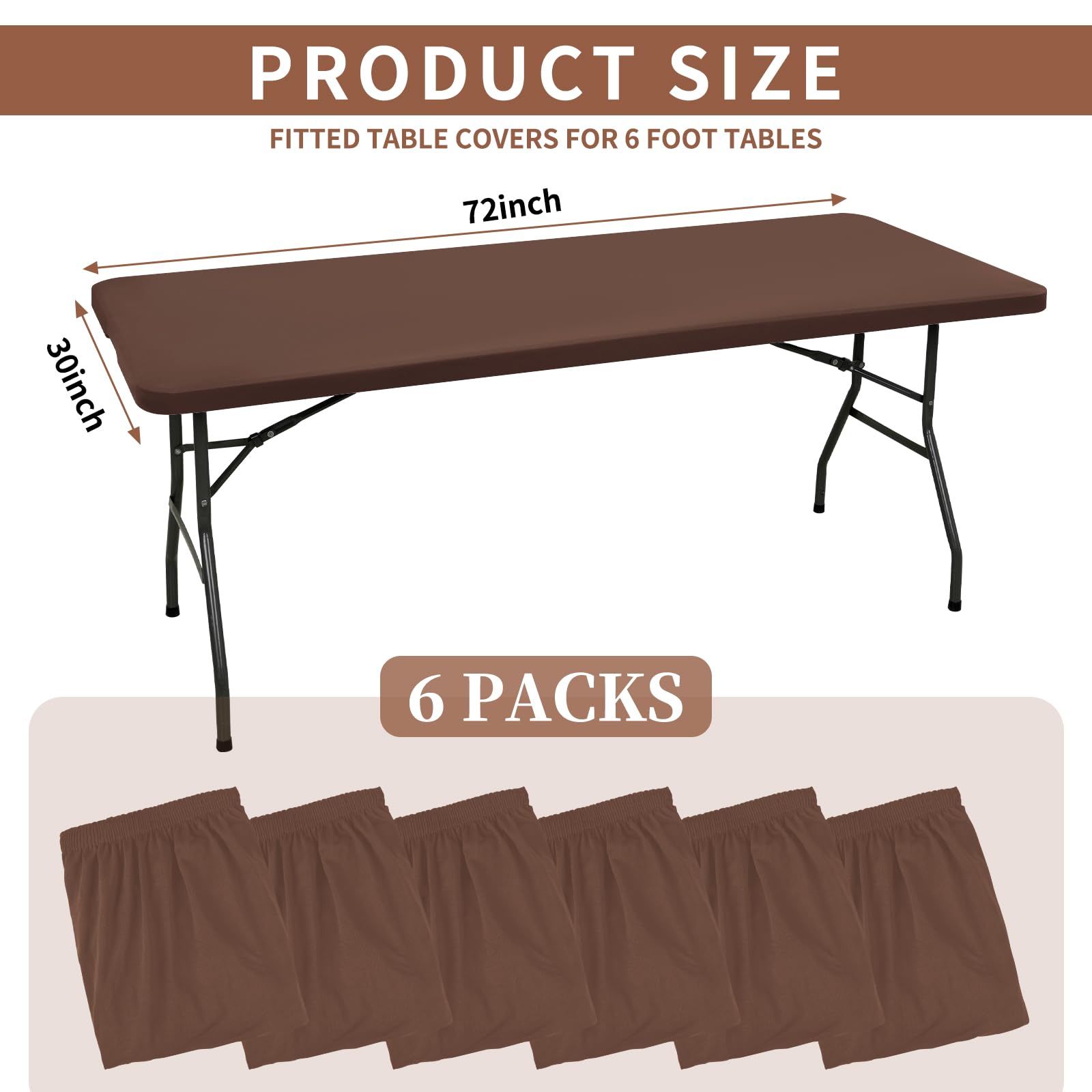 REWOMC 6 Pack Stretch Fabric Table Top Cap Cover, fits 6' Tables, Spandex Table Covers Washable Elastic Rectangle Tablecloth Protector for Indoor Outdoor Party Picnic Wedding, Coffee, 30" W x 72" L