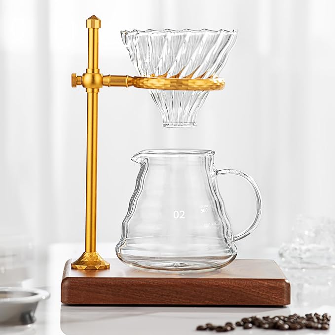 shoxil Pour Over Coffee Maker Set – Glass Coffee Dripper with Stainless Steel Stand, Wooden Base & 40 Filters – Travel Filter Coffee Maker