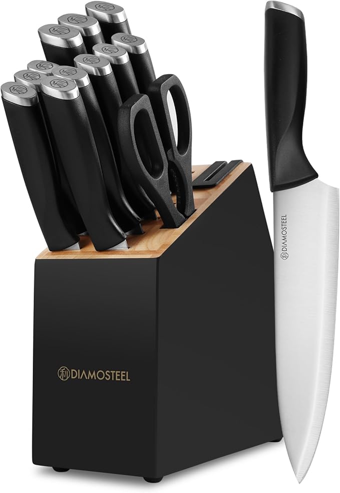 Black Knife Set, 13-Piece Knife Block Set with Built-in Sharpener