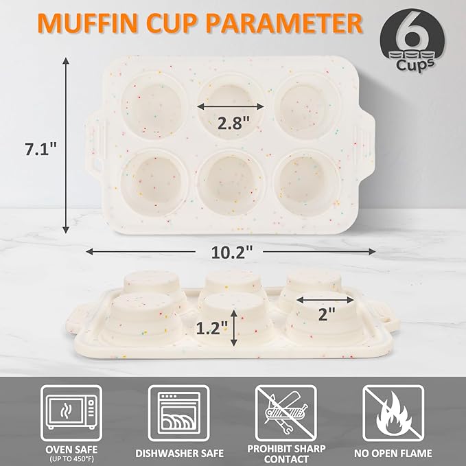 Silicone Muffin Pan for Baking, Collapsible Muffin Pan with Metal Reinforced Frame, Silicone Molds for Baking, Non-Stick & BPA-Free, Oven Safe Cupcake Pan, Regular Size 6-CUP Non-Toxic (2 Pack)