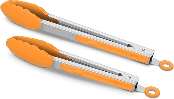 2 Pack Silicone Kitchen Tongs, 9 & 12 Inch, Stainless Steel, Orange