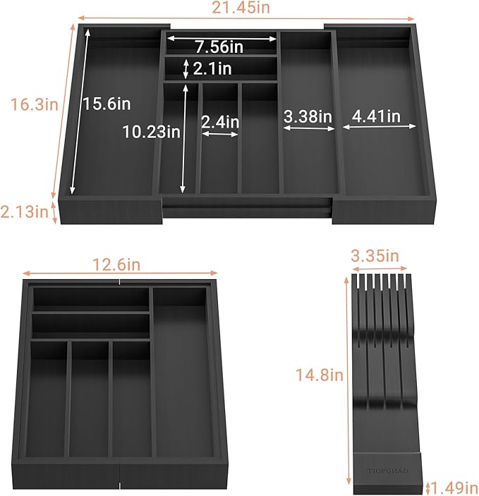 TIOPGHAD Expandable Bamboo Silverware Drawer Organizer Kitchen Tray, Black