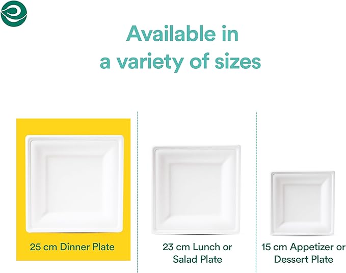 ECO SOUL 10 Inch Disposable Bagasse Paper Plates (200 Pack, Square)
