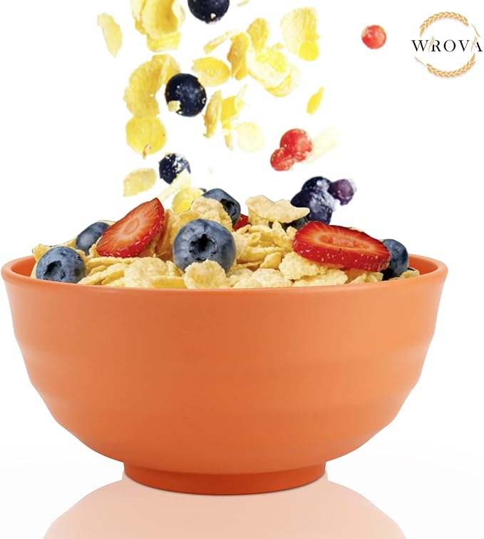 Wrova Wheat Straw Bowls Set 60 OZ Unbreakable Large Cereal Bowls Set of 6 Microwave and Dishwasher Safe Bowls Big Bowls for Eating BPA Free Soup Bowl for Serving Oatmeal and Salad Orange