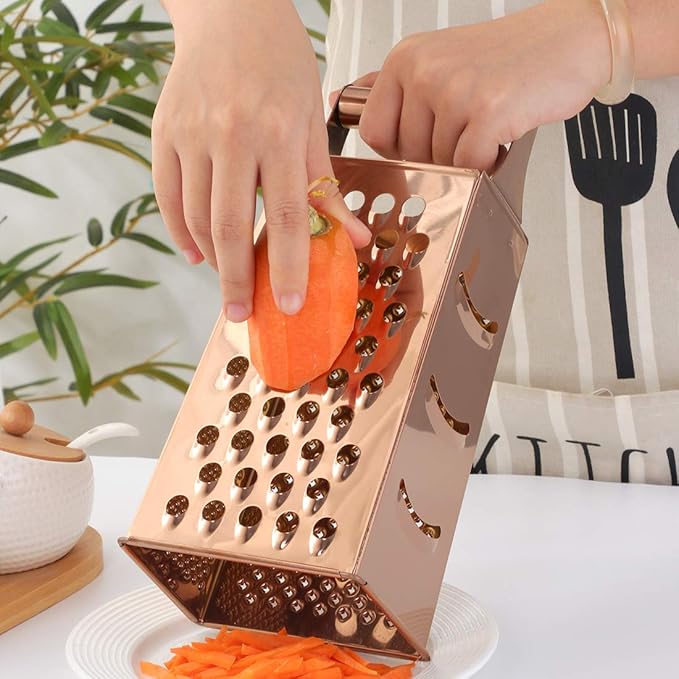 TEAHAHA 4 Sides Box Grater For Kitchen,Stainless Steel Cheese Grater With Handle,Multi-Function Vegetable Slicer Food Shredder For Chees,Ginger,Vegetables,Rose Gold