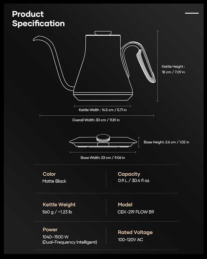 Cocinare Gooseneck Electric Kettle, ±1°F Precise Temperature Control, 1500W Fast Heating, Pour Over Coffee & Tea Kettle with Brew Timer & Keep Warm, Stainless Steel, 0.9L (Matte Black)