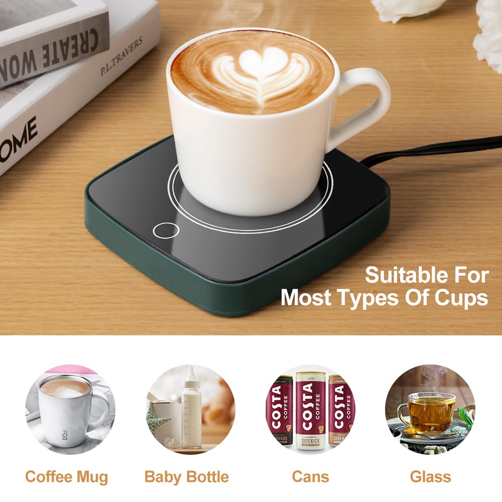 Defashun Coffee Cup Warmer 12Hours Auto Shut-Off Mug Warmer with 3 Temperature Setting,Waterproof Tempered Glass Honeycomb Vents 16W Electric Coffee Warmer for Desk Use (Green)