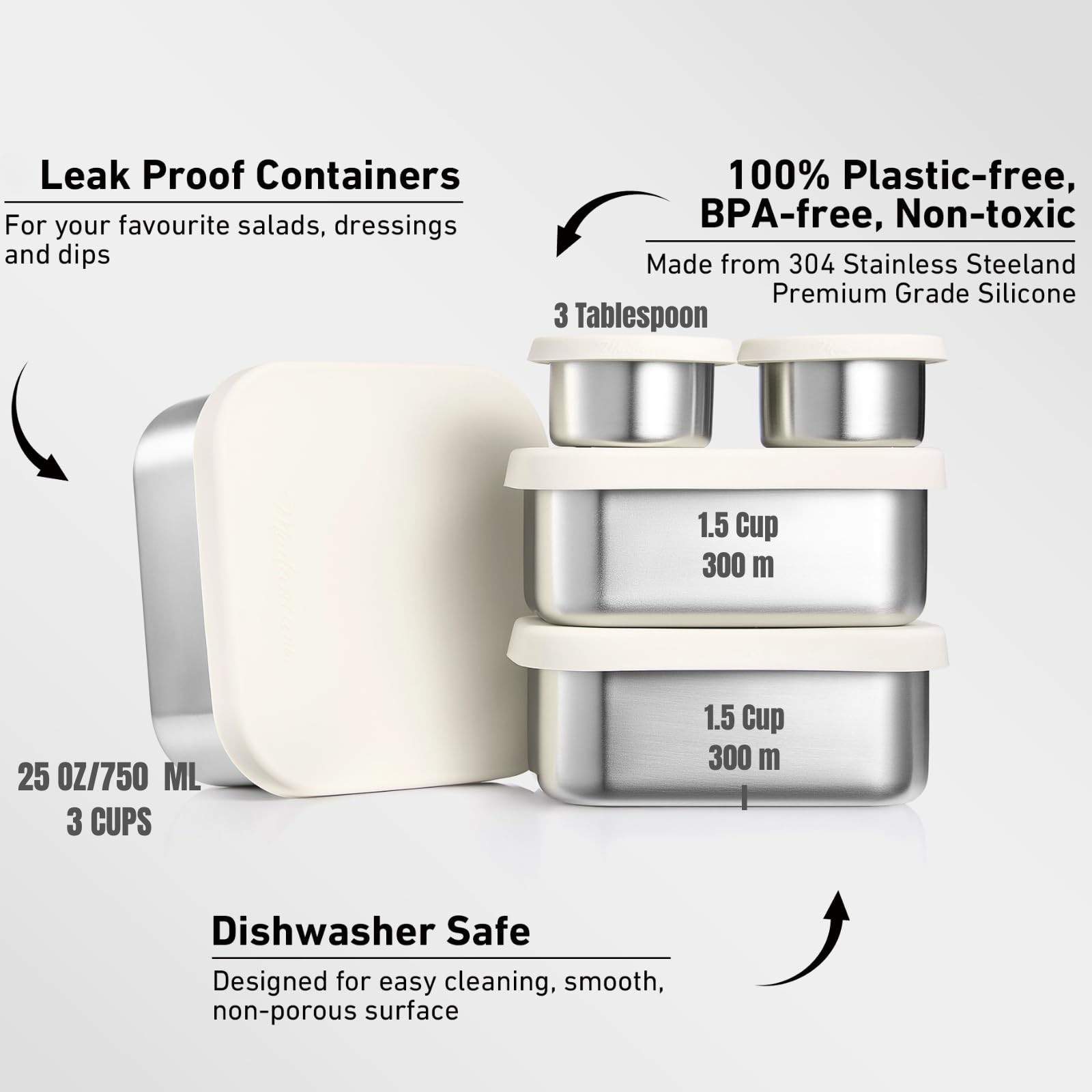 Flexibento - Leak proof Stainless Steel Lunch Box Containers, Sandwich and Snack Containers with Silicone Lids Metal Lunch Box, Bento Box, Set of Five, Vanilla, 1*25 OZ+ 2*13 OZ + 2 *2 OZ