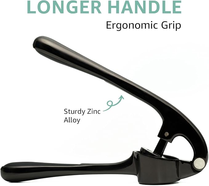 Garlic Press Crusher & Mincer – Easy Squeeze Ergonomic Handle, Heavy Duty Zinc Alloy, Dishwasher Safe, Includes Peeler & Cleaning Brush – Garlic Ginger Crusher Tool (Black)