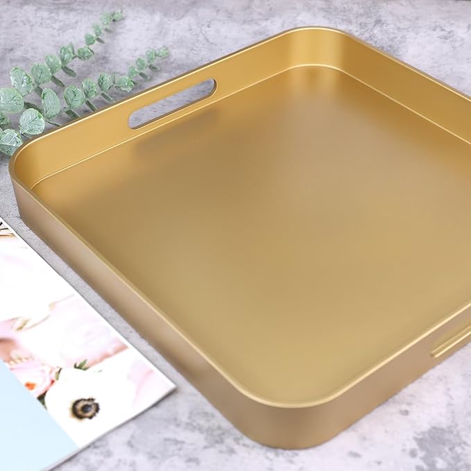SforGUVA Square Gold Decorative Serving Tray with Handles, Versatile Ottoman Tray for Coffee Table, Entertaining, Outdoor Patio, Living Room, 13”*13”*1.6”