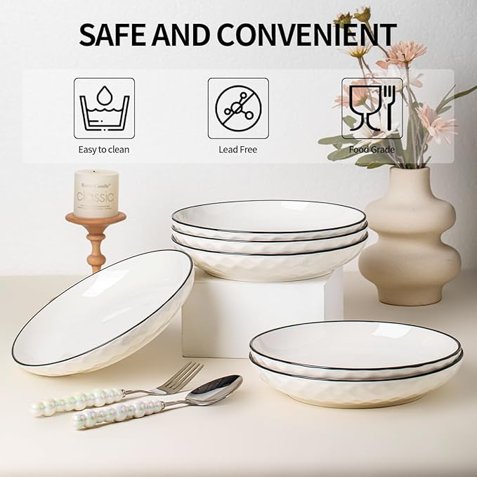 Yeacccng White Pasta Bowls Set of 6, 24oz Ceramic Salad Bowls, 8 inch Shallow Serving Bowls for Pasta, Salad, Oatmeal, Fruit, Easy to Clean, Dishwasher & Microwave Safe, Scratch-Resistant, Lead-Free