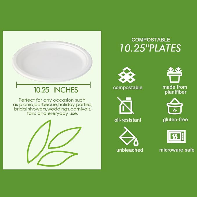 Vplus 500 Pack Compostable Bagasse Paper Plates 10.25 inch, White