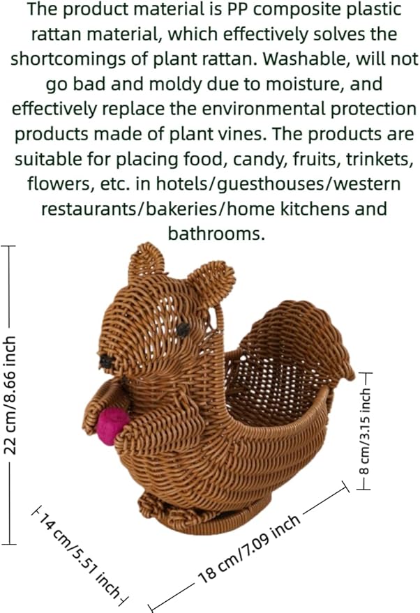 PSYCONES hand-woven round rattan basket storage basket storage box ornaments decorative basket multifunctional picnic food bread basket fruit gift basket key basket. (squirrel)
