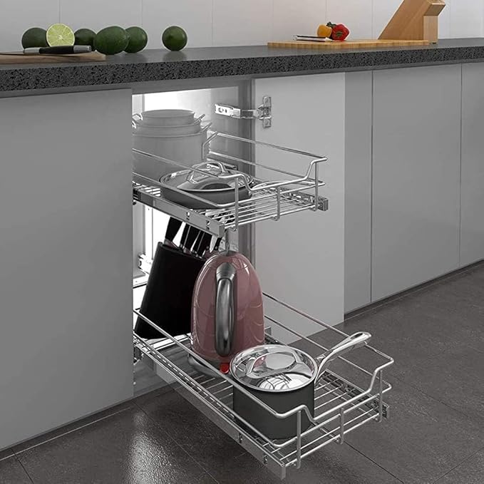 2 Tier Pull Out Cabinet Organizer 11" W X 22" D, Chromed, Full Slide Out