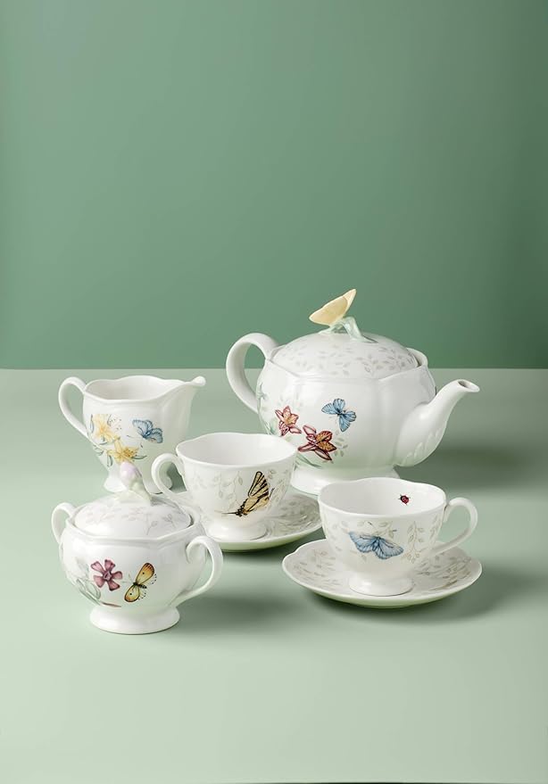 Lenox Butterfly Meadow Porcelain Teapot and Tea Cup Set, 9-Piece, 48oz