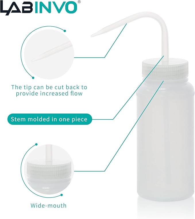 LABINVO 6pcs of Economy Wash Bottles, Vol.500ml (17oz), Wide-Mouth, Self-Venting Safety Wash Bottles, LDPE Material, IN-WBW500