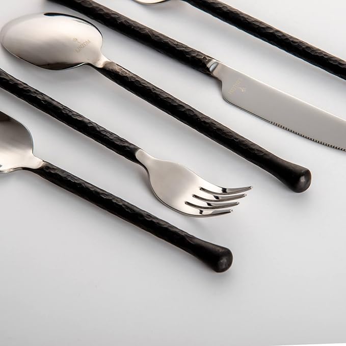 LINZOM Forged 20-Piece Matte Black Silverware Set, 18/10 Stainless Steel Flatware Service for 4, Rustic Black Flatware, Spoons Forks Set Home Kitchen Restaurant Housewarming, Dishwasher Safe