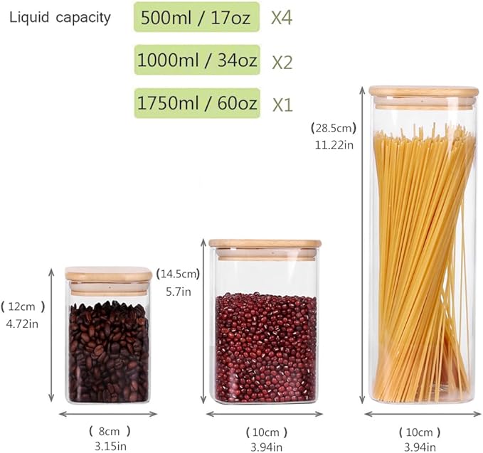 LEAVES AND TREES Y Glass Storage Canister with Wooden Lid, Set of 7 Square Glass Jars with Bamboo Lids, Glass Food Storage Containers for Pasta, Cereal, Flour, Sugar, Best for Kitchen & Pantry
