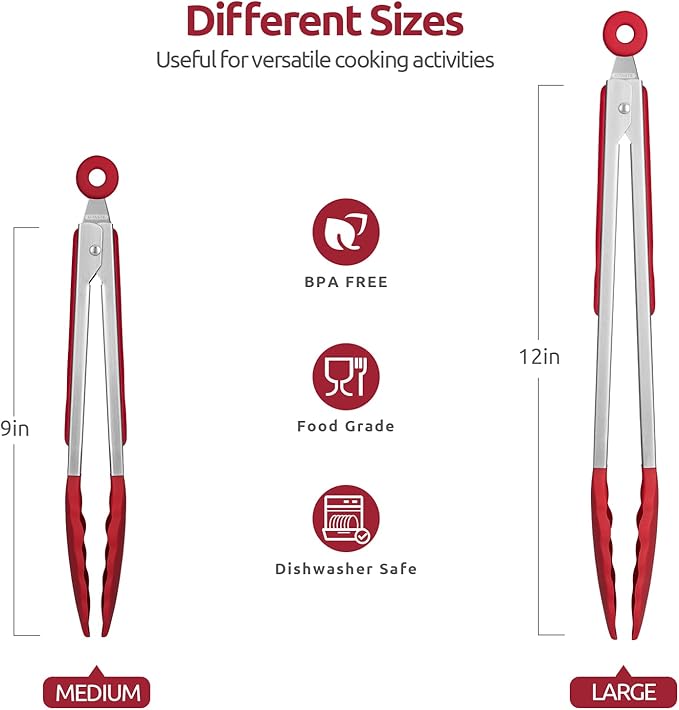 U-Taste Kitchen Tongs for Cooking, 600ºF Heat-Resistant Silicone, 2Pcs/Red