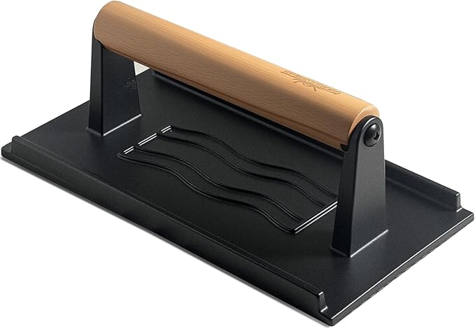 XUDAKAIXIN Cast Iron Smash Burger Press,Grill Bacon Meat Press Tool,Perfect for Blackstone, Camp Chef, Weber Grills & Indoor Griddles – BBQ & Cookout Must-Have (Rectangle -Grooved)