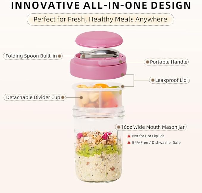 UWILLION 4 Pack Overnight Oats Containers with Handles, 16 oz Glass Mason Jars with Lids, Folding Spoons & Topping Compartments, Yogurt Parfait Cups for Weekly Meal Prep, Chia Pudding & Snacks