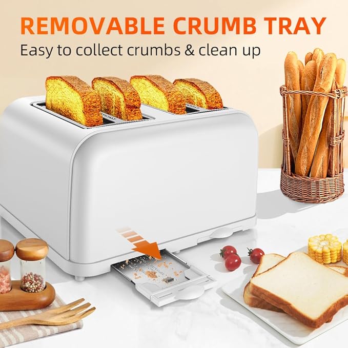 RAMJOY White Toaster 4 Slice, Dual Independent Controls, Extra Wide Slot Toasters for Bagel, Bread, Waffles, 7 Shade Settings, 4 Main Functions, Removable Crumb Tray, 1500 Watts, White Stainless Steel
